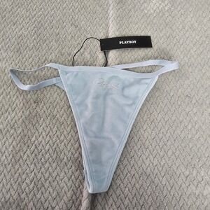 Playboy Thong Panty Arctic Ice Blue Rhinestone Logo Women's Size S NWT